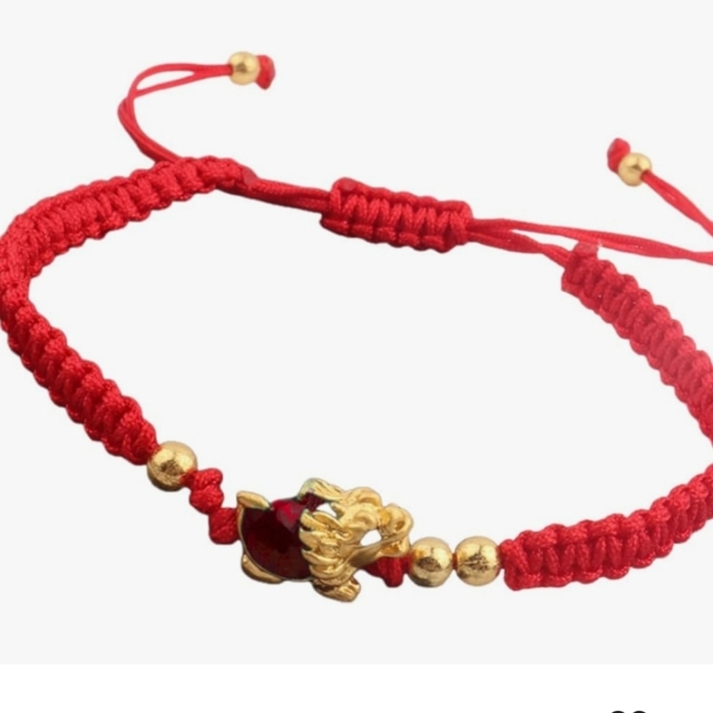 Red Braided Bracelet with Gold Tone Dragon w Red Gem 6.3"
